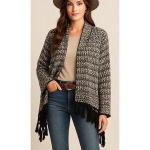 RXB Black White Striped Crochet Knit Fringed Cardigan SZ Large Western Aztec